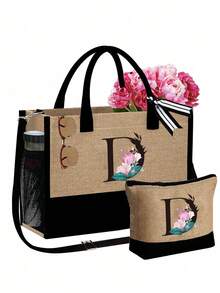 Women's Beach Tote Bag With Shoulder Strap, Pink Peony Flower A-Z Letter Print Tote Bag, Comes With Shoulder Strap And Makeup Bag; Vacation Beach Commute Shopping Bag, Gift Bag With Side Pockets, Large Capacity Handbag, Can Hold Books, Cosmetics, Parasol, Suitable For Daily Commute, Travel, Picnic, Camping, Students, Large Capacity Laptop Tote Bag, Student Commute Canvas Bag, Back To School Gift, Teacher's Day Gift - Multicolor - View 37