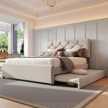 Upholstered Bed, 140x200cm, With Slatted Frame (Without Mattress), With Pull-Out Bed, Velvet, Minimalist, Beige - Beige - View 2