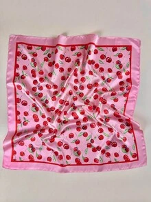 1pc Women's Cherry Print Elegant Scarf, Satin Neckerchief Headscarf, Accessory For Dress - Pink - View 1