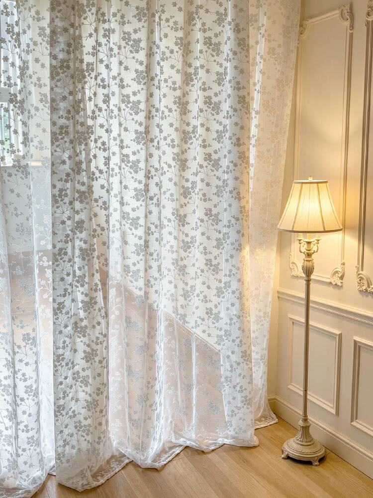 1件刺繡白色花卉清新時尚薄紗窗簾，花卉圖案，穿桿設計，適用於客廳與臥室－透明濾光窗簾，客廳窗簾，臥室窗簾 - 彩色 - 查看 7