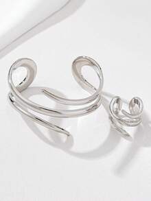 1 Set (1 pieza Pulsera de línea geométrica dorada y 1 pieza Anillo grueso de línea geométrica) - Plateado - Ver 4
