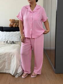Women's Cute & Stylish Printed Soft Plus Size Pajama Set, Short Sleeve Button Collar Short Top & Long Pants, Soft Skin-Friendly Loungewear, Loose Slimming Fit, Machine Washable & Easy Care, Minimalist Versatile Style For Home & Casual Wear, Suitable For Daily Outings - Multicolor - View 3