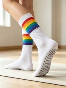 1/3 Pairs Women's Mid-Calf Yoga Socks, Professional Non-Slip Yoga Socks For Indoor Pilates, Soft Comfortable Lightweight Sports Socks With Dotted Anti-Slip Rainbow Stripes For Jump Rope - Multicolor - View 7