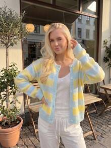 Women's Dopamine Striped Short Knit Cardigan, Soft Fuzzy Blue‑Yellow Sweater Jacket, Sweet Style For Fall Winter Daily & School Outings - Baby Blue - View 5
