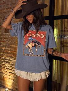 Vintage Cowboy Print Washed Cotton T-Shirt - Grey - View 7
