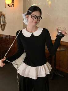 Contrast Color Peter Pan Collar Layered Ruffle Hem Elegant Preppy Style Long Sleeve T-Shirt Top - Black - View 4