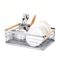 Dish Drying Rack With Drain Tray & Cutlery Holder | Metal Kitchen Dish Rack With Wooden Handles | Black / White / Grey / Beige - View 15