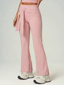 UONNOU Women Wrap Tie High Waist Flare Leg Workout Pants Slim Fit Yoga Trousers - Pink - View 3