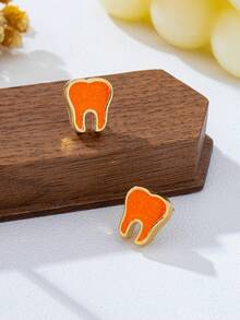 1 Pair Fashionable Exquisite Small Elegant Versatile Gold-Plated Orange Oil-Drip Cute Tiny Tooth Stud Earrings, Suitable For Women - Orange - View 2