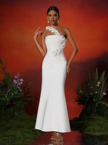 Love Aing Women's Elegant Romantic Pure White 3D Floral One-Shoulder Sleeveless Ruched A-Line Wedding Birthday Party Evening Mermaid Dress - White - View 4