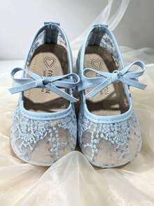 1 Pair Girls' Lace Princess Shoes, Chinese Style Embroidered Mesh Soft Sole Shoes, Children's Party Embroidery Dance Shoes, Suitable For 3-12 Years Old - Blue - View 1