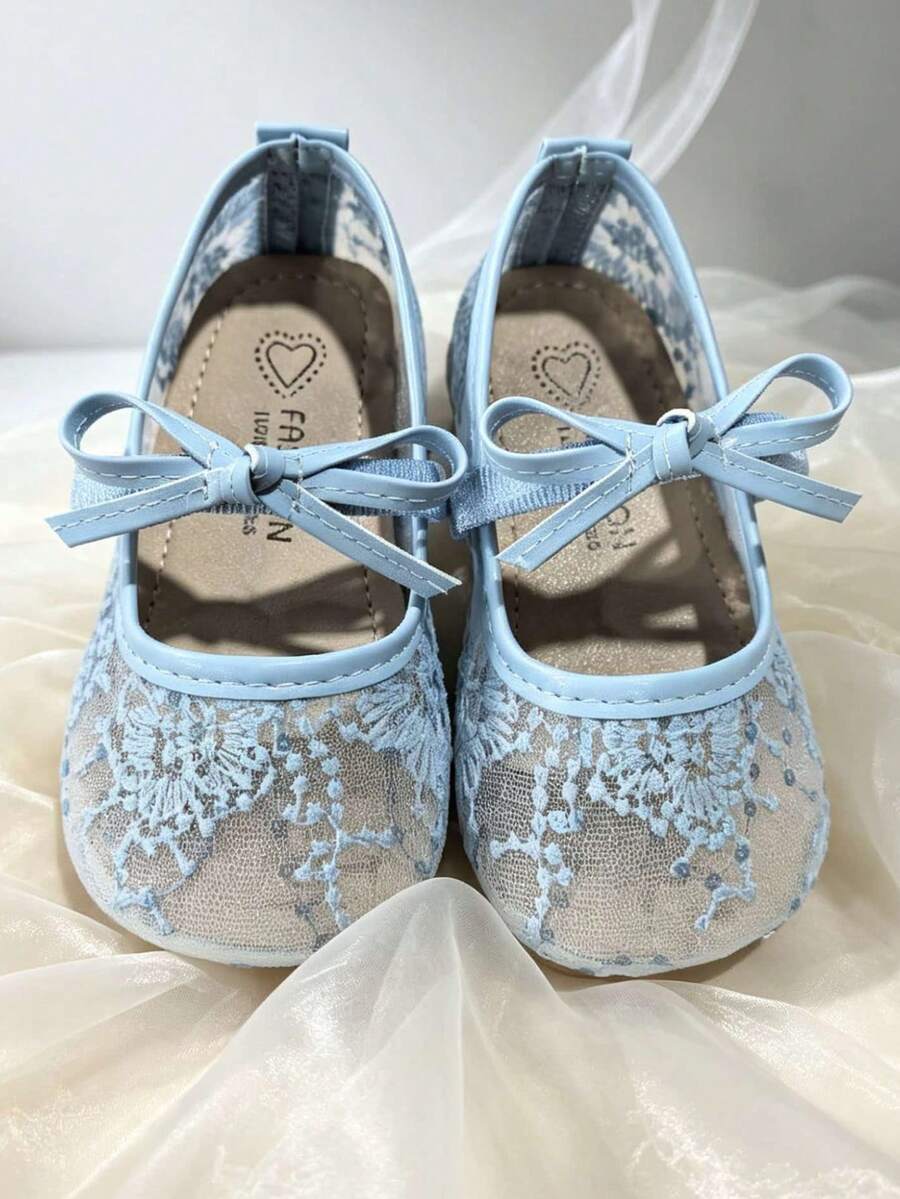 1 Pair Girls' Lace Princess Shoes, Chinese Style Embroidered Mesh Soft Sole Shoes, Children's Party Embroidery Dance Shoes, Suitable For 3-12 Years Old - Blue - View 1