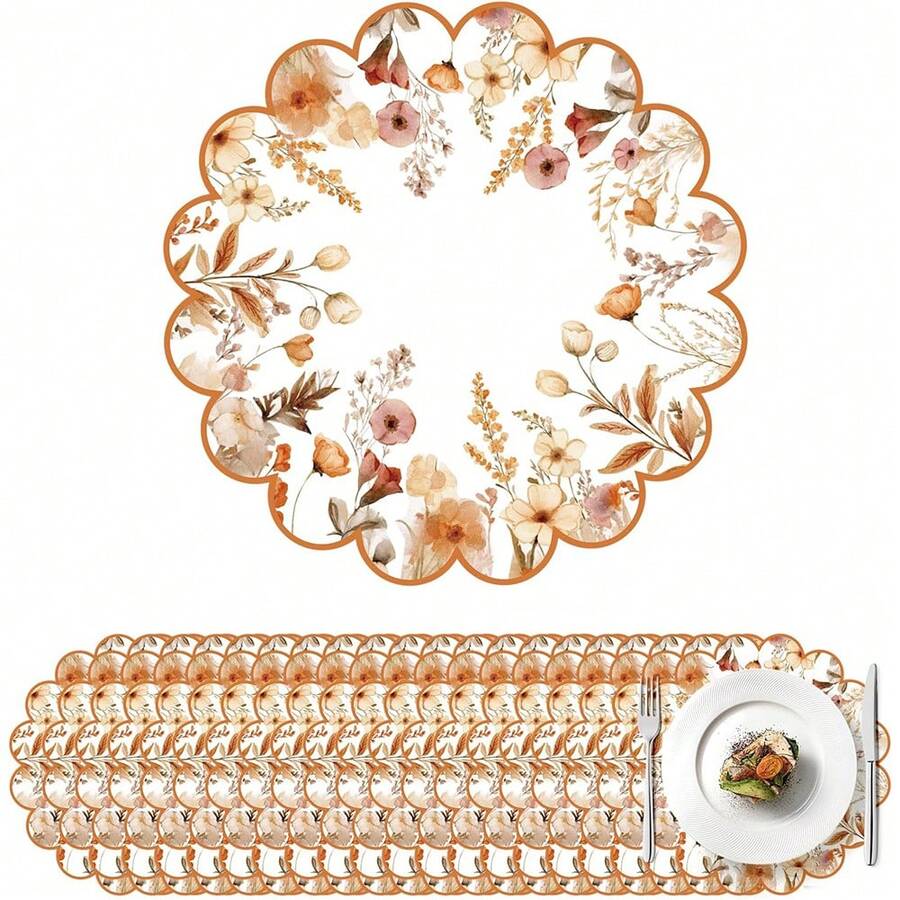 20/50Pcs 13.5 Inch Orange Autumn Harvest Floral Border Placemats, Disposable Tea Party Placemats, Suitable For Table Setting, Event Party, Wedding, Wedding Banquet, Birthday Decoration - View 1
