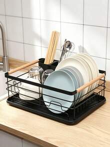 Black & White Carbon Steel Dish Drying Rack With Wooden Handle, Large Capacity Countertop Dish Rack,Kitchen Storage Rack,Countertop Plate Bowl Cup Organizer With Removable Utensil Holder & Drain Tray, Multi-Size Kitchen Dish Storage Rack For Home - View 10