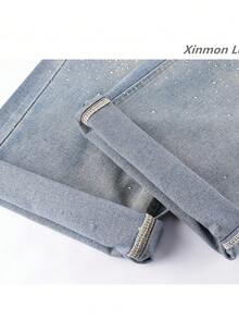 Heavy Embellished Rhinestone High Waist Wide Leg Denim Jeans With Belt, Suitable For Campus, Office, Daily Wear In Spring And Autumn - Medium Wash - View 4