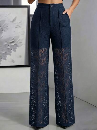ANCHOSE Women's Spring/Summer Elegant Sexy Navy Blue Lace Straight Leg Pants, High Waist Hollow Out Sheer, Suitable For Party, Date, Daily Wear