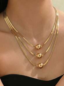 1pc Fashionable Exquisite 3-Layer Flat Snake Chain With Ball Pendant Layered Collarbone Necklace, Suitable For Women's Daily Wear, Holiday Gift And Birthday Gift - Yellow Gold - View 3