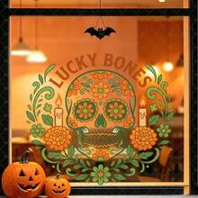 1pc Vintage Style Decorative Sugar Skull Window Sticker With Flowers Candles Leaves Arched Lucky Bones Text Centered Framed By Symmetrical Floral Vines Clear Vinyl Self-Adhesive Removable Easy Peel Stick For Glass Halloween Decoration - Multicolor - View 5