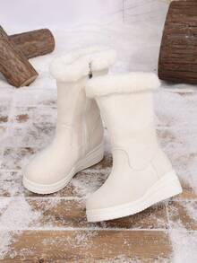 1 Pair Autumn/Winter New Thermal Lined Thick Suede Soft Wedge Heel Side Zipper Mid-Calf Boots For Girls - Beige - View 5