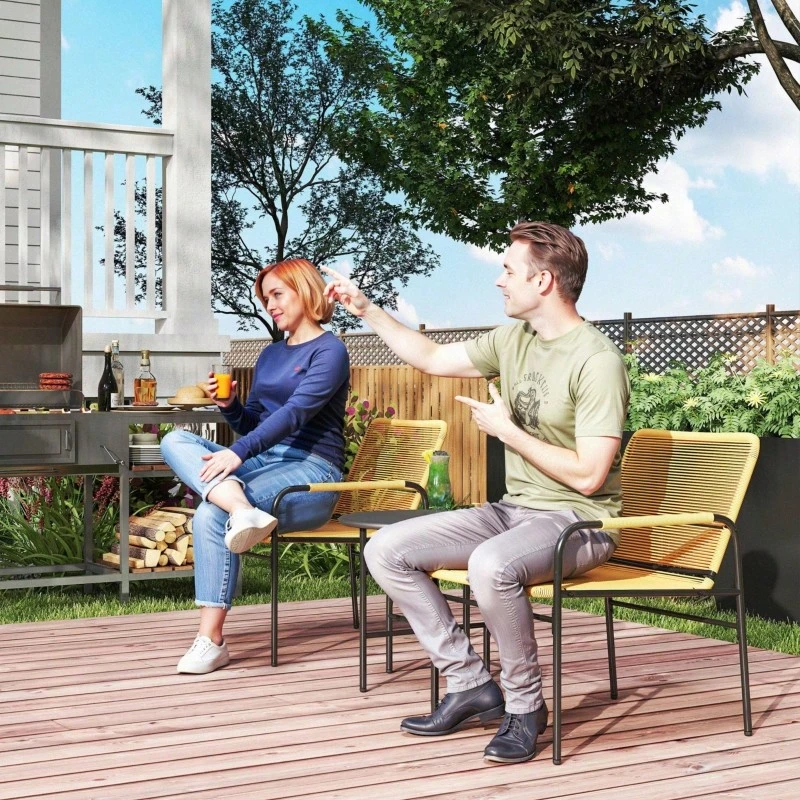 3-Piece Rattan Bistro Set, Garden Lounge, Outdoor Furniture With 2 Garden Chairs, Coffee Table, Balcony Furniture Set For Garden, Patio, Steel, Yellow - Yellow + Black - View 1
