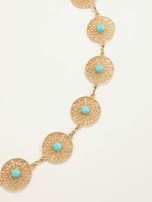 1pc Adjustable Hollow Floral Turquoise Micro-Inlaid Gold Waist Chain, Bohemian Beach Dress Accessory - Gold - View 3