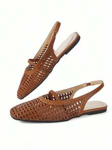 planare Sandal Wanita Model Baru Populer Musim Panas, Desain Minimalis Tenun Jaring Bernapas, Tali Belakang Model Slingback, Ujung Persegi, Tali Belakang, Warna Cokelat, Cocok untuk Perjalanan Sehari-hari - Coklat - View 7