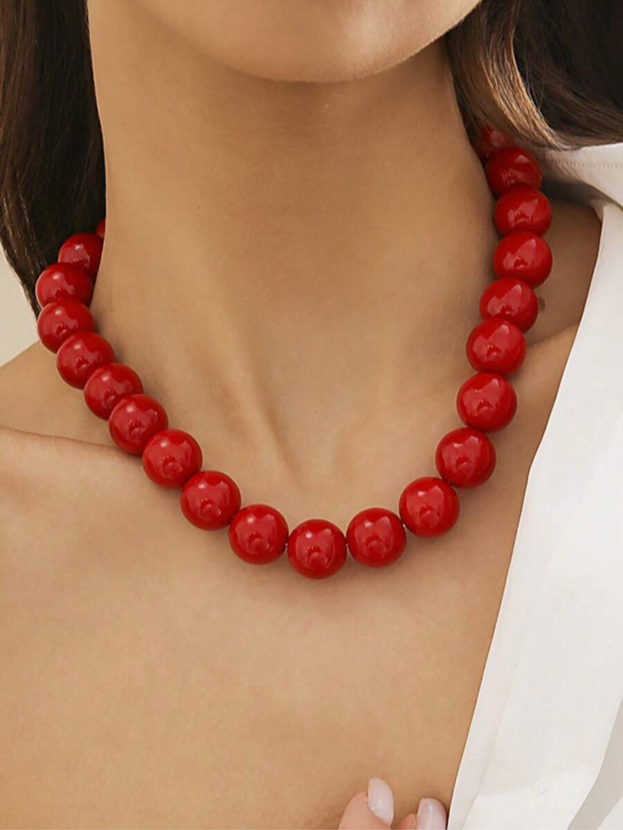 1pc Exaggerated Colorful Beaded Necklace, Fashion Geometric Round Bead Choker - Red - View 1