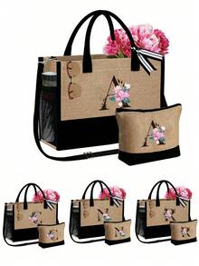 Women's Beach Tote Bag With Shoulder Strap, Pink Peony Flower A-Z Letter Print Tote Bag, Comes With Shoulder Strap And Makeup Bag; Vacation Beach Commute Shopping Bag, Gift Bag With Side Pockets, Large Capacity Handbag, Can Hold Books, Cosmetics, Parasol, Suitable For Daily Commute, Travel, Picnic, Camping, Students, Large Capacity Laptop Tote Bag, Student Commute Canvas Bag, Back To School Gift, Teacher's Day Gift - Multicolor - View 1