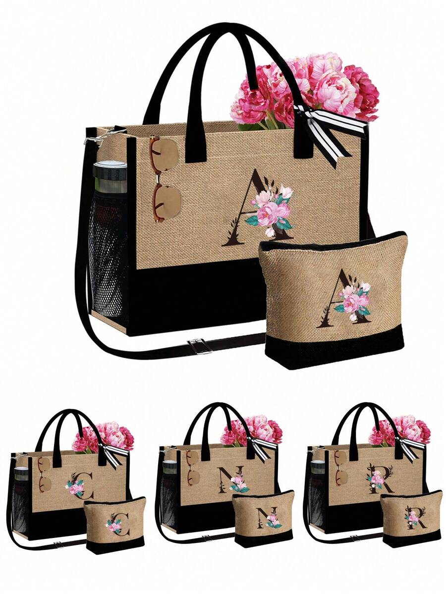 Women's Beach Tote Bag With Shoulder Strap, Pink Peony Flower A-Z Letter Print Tote Bag, Comes With Shoulder Strap And Makeup Bag; Vacation Beach Commute Shopping Bag, Gift Bag With Side Pockets, Large Capacity Handbag, Can Hold Books, Cosmetics, Parasol, Suitable For Daily Commute, Travel, Picnic, Camping, Students, Large Capacity Laptop Tote Bag, Student Commute Canvas Bag, Back To School Gift, Teacher's Day Gift - Multicolor - View 1