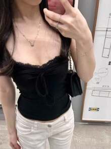 2026 Summer New Arrival Red Polka Dot Tie-Up Hanging Camisole Women's Cropped Short Top Adjustable Front Tie Slim Fit Sexy Sweet & Spicy Design Soft B - Black [with Padded Cups] - View 4