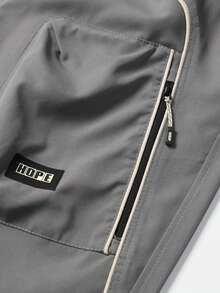 Men's Light Gray Drawstring Wide Leg Cargo Pants, White Contrast Trim Sporty Street Casual Long Pants With Zipper Pockets - Grey - View 9
