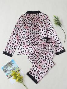 Leopard Print Women's Satin Long Sleeve Long Pants Pajama Set - Pink - View 10