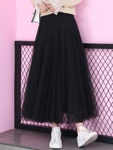 1pc Women's High Waist Long Solid Color Mesh Tutu Skirt - Multicolor - View 5