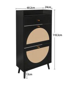 Rattan-Look Shoe Cabinet / Large Spacious Shoe Cabinet / Two-Tier Shelves / Easy To Clean / Load Capacity: Approx. 10 Kg / Suitable For Living Room, Entrance, Hallway - Black - View 6