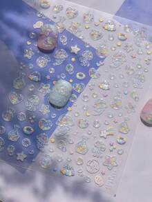 1片冰藍貝殼光銀燙金海洋壓紋3D防水自黏美甲貼紙，DIY裝飾用 - 彩色 - 查看 3
