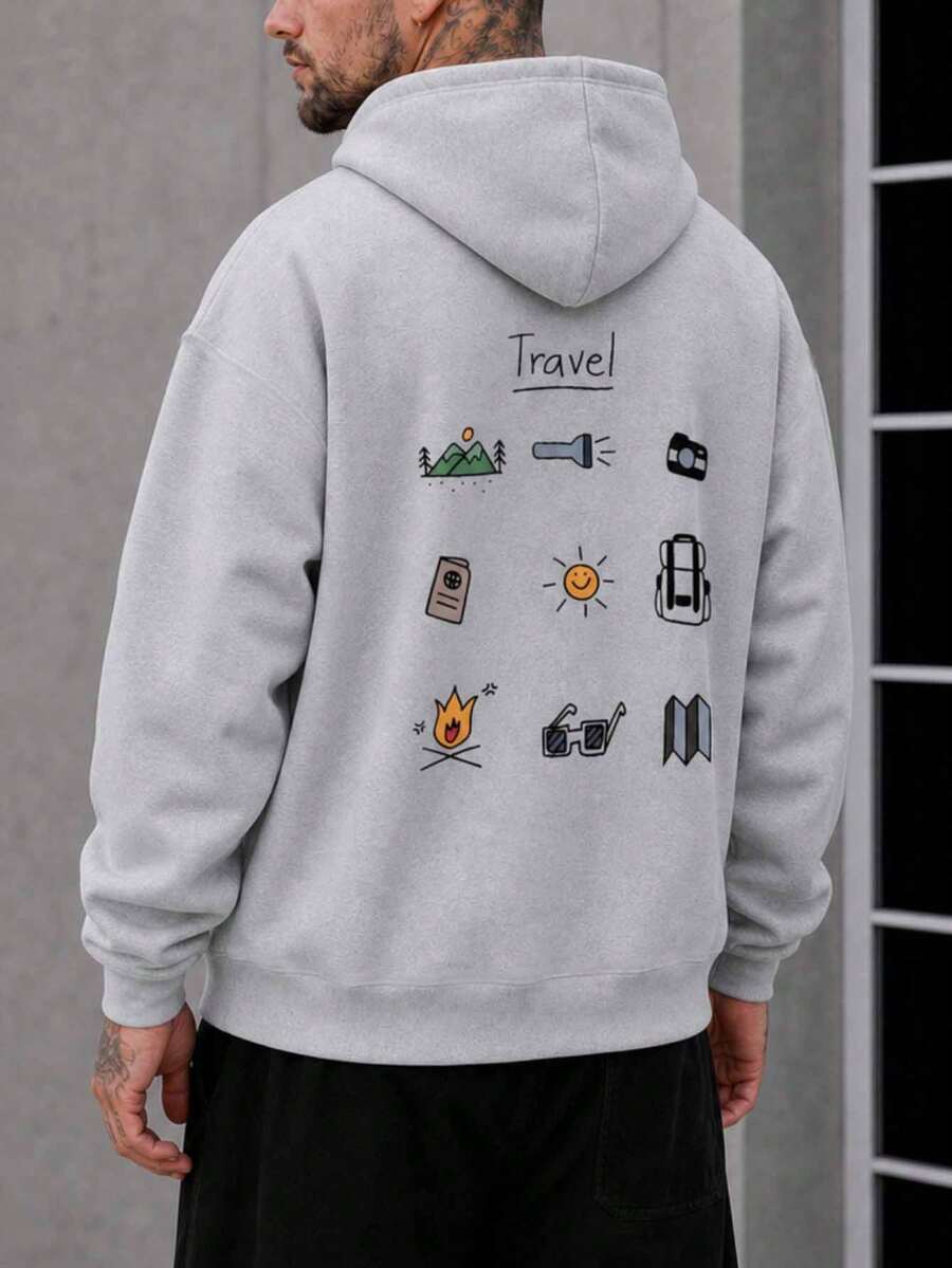Sudadera con capucha y cordón para hombre de talla grande con estampado de aventura al aire libre, vuelta al colegio, otoño/invierno - Gris - Ver 1