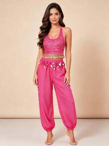 Professional Belly Dance Rhinestone Fringe Halter Crop Top, Elastic Waist Dot Mesh Harem Pants For Dance Training, Gala Shows And Competitions - Multicolor - View 5