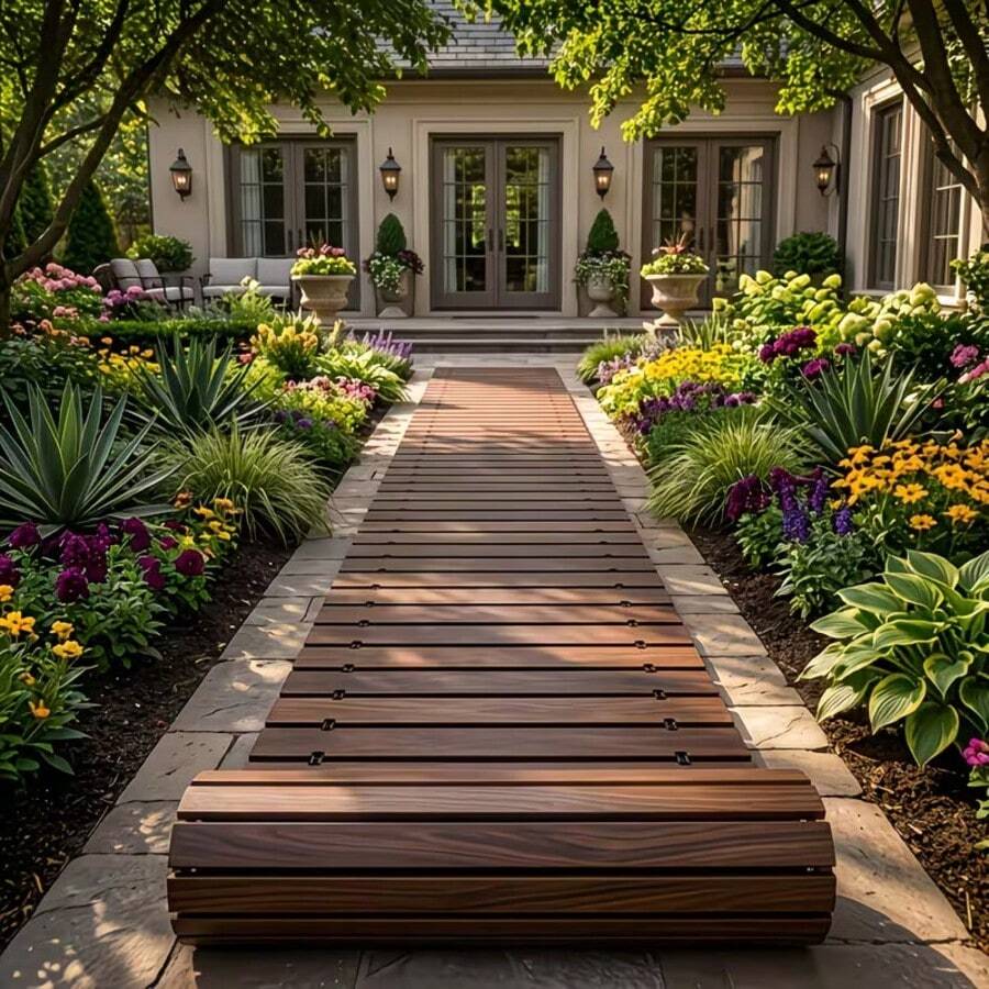 Wood Grain And Vine-Pattern Garden Walkway, Slip-Resistant And Weather-Resistant, Suitable For Outdoor Paths Around Lawns, Terraces, Courtyards, And Flower Bed Edges - 直角-144英寸 - 查看 1