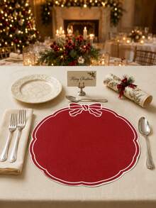 4pcs Red Christmas Linen Placemats, Red Bow Design, 38cm Diameter Round Table Mats, Holiday Party Table Decor, Holiday Tabletop Accessories, Home Kitchen Decoration, Merry Christmas Decoration - Christmas a - View 5