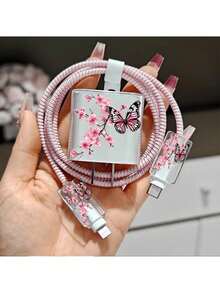 5pcs/Set Charger Cable Protector For IPhone17/16/15/14/13/12/11 Pro Max Charger Protective Shell - Pink White Cherry Blossom Branch/Pink Black Butterfly Pattern - Elegant Chinese Country Style, Compatible With Apple 20W Fast Charger And 18W Data Cable Protector, Anti-Break/Anti-Tangle/Anti-Damage, Gift For Friends - Cherry Blossoms and Butterflies - View 5