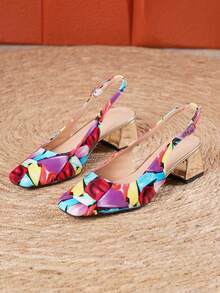2026 New Women's Retro Color Block Graffiti Print Square Toe Slingback Sandals, Comfortable Metal 4.5cm Chunky Heel Closed Toe Sandals, European And American Style Party Date Versatile Fashion Shoes - Multicolor - View 7