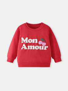 Girls Long Sleeve Sweatshirt With 3D Puff Letter Mon Amour & Cherry Patch Print, Loose Sweet Casual Pullover Top For Toddlers - Red - View 2