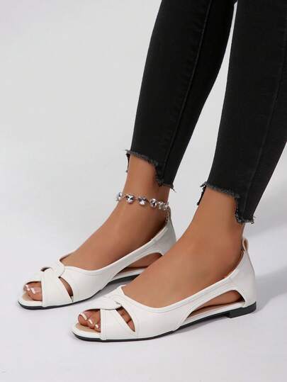 White Knotted Open Toe Flat Sandals For Women, Side Hollow Peep-Toe Low Vamp Slip-On Flat Shoes 2026 Spring/Summer New Style, 1 Pair Jacquard Hollow Design Beach Vacation Outdoor Comfortable Women's Shoes