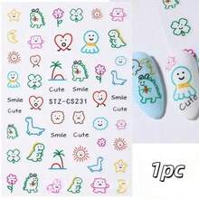 2pcs Cartoon Dinosaur Graffiti Style Nail Art Stickers, Cute Sun Face Stickers, Maple Leaf Nail Design Decoration DIY - Multicolor - View 9