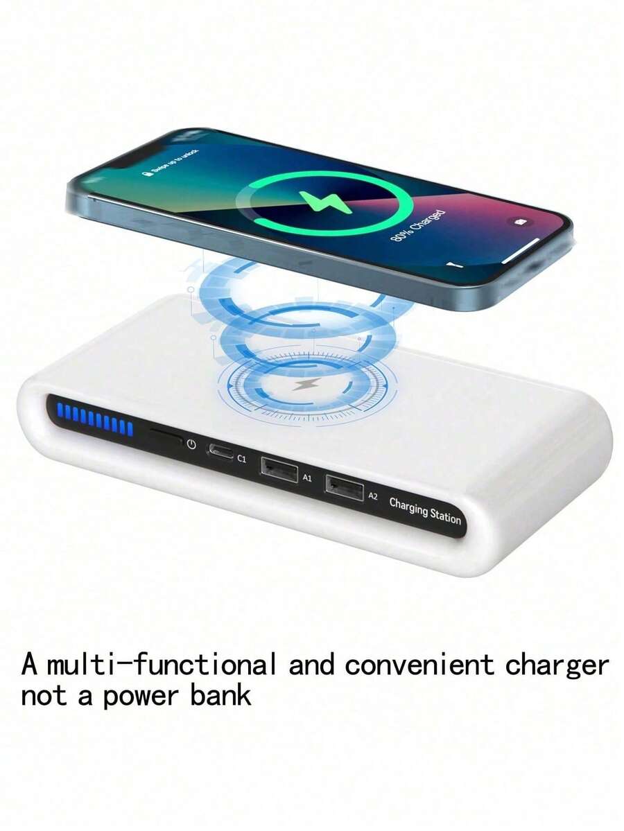 便攜式多功能 4 合 1 充電器，雙 USB、Type-C、15W 快速無線充電，相容智慧型手機、藍牙耳機、智慧手錶、平板電腦（非行動電源，非行動電源）