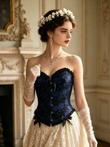 Black Navy Floral Lace Bandeau Corset Top, Summer Versatile Layering Piece, Suitable For Casual Streetwear - Blue - View 7