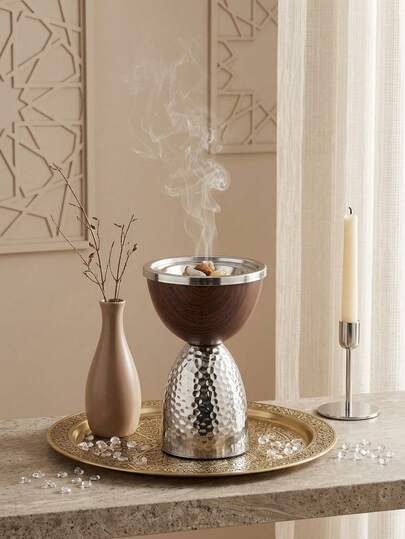 Metal + Faux Wood Grain Incense Burner, Light Luxury Middle Eastern Islamic Style, Modern Minimalist Home Decor, Suitable For Yoga, SPA, Sleep Aid, Relaxation And Stress Relief Scenes, High-End Study Desk Decoration, Applicable For Home/Living Room/Bedroom/Tea Room Decoration, Anti-Scald Incense Burner, Home Decor, Heat-Resistant Easy-To-Clean Middle Eastern Fragrance Burner, Baby Shower Party Favor