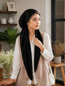 1PC Women's Convenient Headscarf Hat, Solid Color Rhinestone Satin Elastic Headscarf, Easy To Wear - Black - View 3