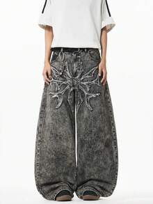 1 pieza Jeans holgados de pierna ancha con bordado de "Hermano de la Justicia" para hombre - Negro - Ver 8