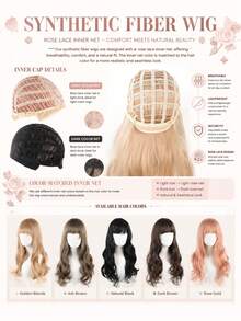 Long Wavy Synthetic Fiber Wig With Bangs, Natural Looking Soft Hairpiece With Breathable Rose Lace Inner Net, Women's Halloween Daily Wear Cosplay Wear Wig - Multicolor - View 6